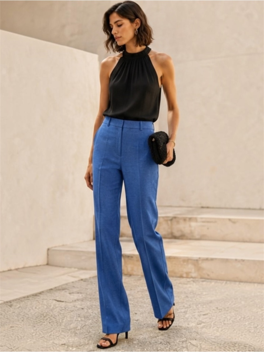 Akris Heathered Cobalt Blue Linen Silk Cashmere Flare Trouser Pants 8